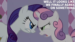 Size: 1280x720 | Tagged: safe, edit, edited screencap, editor:quoterific, imported from derpibooru, screencap, rarity, sweetie belle, pony, unicorn, season 2, sisterhooves social, carousel boutique, duo, female, filly, foal, mare, open mouth, text