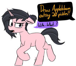 Size: 939x821 | Tagged: safe, artist:pinkberry, imported from derpibooru, oc, oc only, oc:mae (pinkberry), pony, unicorn, aggie.io, colored sketch, dialogue, doodle, freckles, implied apple bloom, paw print, raised eyebrow, request, simple background, solo, speech, speech bubble, talking, text, trotting, walking, white background