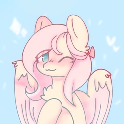 Size: 1280x1280 | Tagged: safe, artist:tofucupid, imported from derpibooru, fluttershy, pegasus, pony, :3, blushing, chest fluff, cute, daaaaaaaaaaaw, looking at you, one eye closed, shyabetes, smiling, smiling at you, solo, spread wings, wings, wink, winking at you