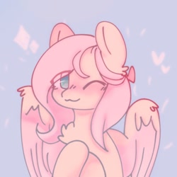 Size: 1280x1280 | Tagged: safe, alternate version, artist:tofucupid, imported from derpibooru, fluttershy, pegasus, pony, :3, blushing, chest fluff, cute, daaaaaaaaaaaw, looking at you, one eye closed, shyabetes, smiling, smiling at you, solo, spread wings, wings, wink, winking at you