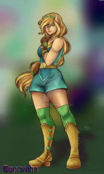 Size: 1024x1708 | Tagged: safe, artist:bunnynha, imported from derpibooru, applejack, human, equestria girls, legend of everfree, boots, clothes, cowboy boots, crystal guardian, deviantart watermark, eyebrows, female, freckles, gloves, high heel boots, looking at you, obtrusive watermark, ponied up, shoes, signature, smiling, smiling at you, solo, watermark