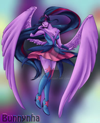 Size: 1024x1254 | Tagged: safe, artist:bunnynha, imported from derpibooru, sci-twi, twilight sparkle, human, equestria girls, legend of everfree, boots, clothes, crystal guardian, deviantart watermark, high heel boots, impossibly large wings, large wings, obtrusive watermark, ponied up, shoes, solo, watermark, wings