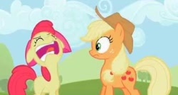 Size: 480x257 | Tagged: safe, imported from derpibooru, screencap, apple bloom, applejack, earth pony, pony, season 2, sisterhooves social, apple, applejack's hat, bow, burp, cloud, cowboy hat, duo, eyes closed, female, filly, foal, food, hair bow, hat, mare, open mouth, shocked, shrunken pupils, sky, sweet apple acres, tree, uncouth, youtube link