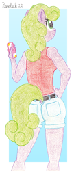 Size: 850x1920 | Tagged: safe, artist:roseluck, imported from derpibooru, daisy, flower wishes, anthro, earth pony, plantigrade anthro, abstract background, ass, belt, breasts, butt, cellphone, clothes, colored pencil drawing, daisybutt, denim shorts, dock, female, hand on hip, holding, hot pants, looking at something, looking up, mare, phone, pockets, rear view, shorts, smiling, solo, standing, tail, tail hole, tanktop, traditional art