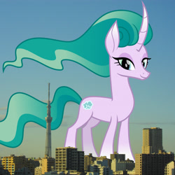 Size: 2048x2048 | Tagged: safe, artist:cheezedoodle96, artist:thegiantponyfan, edit, imported from derpibooru, mistmane, pony, unicorn, curved horn, female, giant pony, giant unicorn, giantess, high res, highrise ponies, horn, irl, japan, looking at you, macro, mare, mega giant, photo, ponies in real life, smiling, solo, story included, tokyo