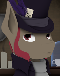 Size: 1080x1350 | Tagged: safe, artist:tiviyl, imported from derpibooru, oc, pony, candle, clothes, cup, equestria divided: reunification, feather, hat, muttonchops, numbers, shield, solo, teacup, top hat