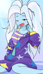 Size: 740x1280 | Tagged: safe, artist:batipin, imported from derpibooru, trixie, human, equestria girls, alternate hairstyle, babysitter trixie, clothes, cute, cute little fangs, diatrixes, fangs, female, hoodie, messy hair, one eye closed, open mouth, oversized clothes, pigtails, solo