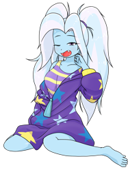 Size: 1101x1450 | Tagged: safe, artist:batipin, imported from derpibooru, trixie, human, equestria girls, alternate hairstyle, babysitter trixie, barefoot, clothes, cute, cute little fangs, diatrixes, fangs, feet, female, hoodie, messy hair, one eye closed, open mouth, oversized clothes, pigtails, simple background, solo, transparent background