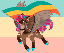 Size: 1280x1056 | Tagged: safe, artist:malinraf1615, imported from derpibooru, oc, pegasus, pony, female, mare, mouth hold, pride flag, solo