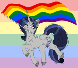 Size: 1280x1123 | Tagged: safe, artist:malinraf1615, imported from derpibooru, oc, oc:allegretta, pony, unicorn, female, mare, mouth hold, pride flag, solo