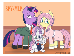 Size: 2012x1524 | Tagged: safe, artist:dimbulb, imported from derpibooru, fluttershy, sweetie belle, twilight sparkle, pegasus, pony, unicorn, anime, anya forger, clothes, female, loid forger, mare, parody, spy x family, trio, unicorn twilight, yor forger, yorshy