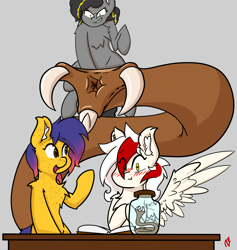 Size: 2650x2800 | Tagged: safe, artist:awya, imported from derpibooru, oc, oc:awya lightfeather, oc:bug-zapper, oc:line art, earth pony, pegasus, pony, worm, blushing, female, imminent vore, mare, story in the source