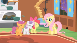 Size: 3410x1920 | Tagged: safe, imported from derpibooru, screencap, apple bloom, fluttershy, scootaloo, sweetie belle, earth pony, pegasus, pony, unicorn, season 1, stare master, ^^, adorabloom, apple bloom's bow, blank flank, bow, cute, cutealoo, cutie mark crusaders, diasweetes, eyes closed, female, filly, fluttershy's cottage, foal, folded wings, hair bow, high res, mare, night, pouting, smiling, spread wings, wings