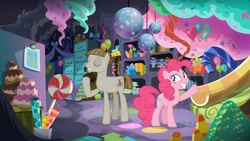 Size: 3410x1920 | Tagged: safe, imported from derpibooru, screencap, mudbriar, pinkie pie, earth pony, pony, season 8, the maud couple, balloon, cake, disco ball, eyes closed, female, food, grin, high res, male, mare, smiling, stallion