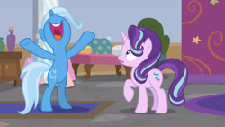 Size: 3410x1920 | Tagged: safe, imported from derpibooru, screencap, starlight glimmer, trixie, pony, unicorn, a horse shoe-in, season 9, spoiler:s09, bipedal, duo, female, high res, mare, nose in the air, open mouth, open smile, school of friendship, smiling, volumetric mouth