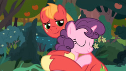 Size: 3410x1920 | Tagged: safe, imported from derpibooru, screencap, big macintosh, sugar belle, earth pony, pony, unicorn, season 9, the big mac question, spoiler:s09, duo, eyes closed, female, high res, hug, male, mare, smiling, stallion