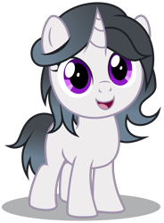 Size: 2550x3470 | Tagged: safe, artist:strategypony, imported from derpibooru, oc, oc only, oc:duchess(fudgey), pony, unicorn, curved horn, female, filly, foal, full body, gradient mane, gray mane, high res, hooves, horn, open mouth, open smile, shadow, show accurate, simple background, smiling, solo, standing, transparent background, unicorn oc
