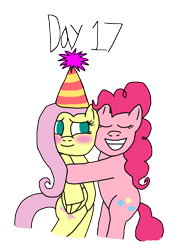 Size: 2000x2793 | Tagged: safe, artist:ktd1993, imported from derpibooru, fluttershy, pinkie pie, 17, bipedal, blushing, female, flutterpie, hat, lesbian, party hat, shipping, simple background, transparent background