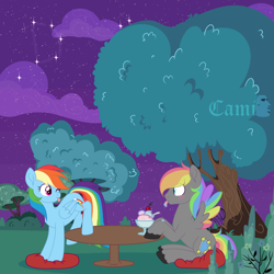 Size: 5000x5000 | Tagged: safe, artist:zakypo, imported from derpibooru, rainbow dash, oc, oc:dark rainbow, pegasus, pony, ;p, blushing, canon x oc, cloud, colored wings, commission, constellation, darsh, duo, female, food, ice cream, male, mare, multicolored wings, night, one eye closed, pegasus oc, rainbow wings, shipping, show accurate, smiling, stallion, table, teasing, tongue out, tree, wings, ych result