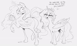 Size: 2560x1536 | Tagged: safe, artist:zazush-una, imported from derpibooru, princess celestia, princess luna, alicorn, pony, butt, cake, cakelestia, concave belly, dialogue, ethereal mane, ethereal tail, food, height difference, implied weight gain, lidded eyes, looking back, magic, physique difference, plot, royal sisters, siblings, sisters, sketch, slim, snark, sunbutt, tail, telekinesis, thin, thin legs, unamused, unshorn fetlocks, wide eyes