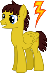 Size: 1782x2791 | Tagged: safe, artist:cranberry-tofu, imported from derpibooru, oc, oc only, oc:brave bolt, pegasus, pony, folded wings, full body, grin, high res, hooves, lidded eyes, male, pegasus oc, show accurate, simple background, smiling, solo, stallion, standing, transparent background, wings