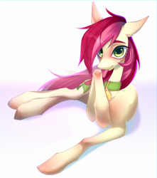 Size: 2832x3200 | Tagged: safe, artist:satan, imported from derpibooru, roseluck, earth pony, pony, :p, behaving like a cat, collar, commission, commissioner:doom9454, cute, licking, long legs, lying down, pet tag, pony pet, rosepet, skinny, solo, tongue out