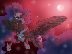 Size: 512x384 | Tagged: safe, artist:binibean, imported from derpibooru, nightmare moon, alicorn, pony, blue mane, blue tail, digital art, ethereal mane, ethereal tail, female, flowing mane, flowing tail, flying, helmet, hoof shoes, horn, mare, moon, moonlight, night, solo, spread wings, stars, tail, wings