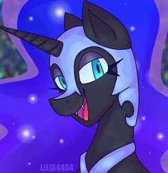 Size: 1902x1959 | Tagged: safe, artist:lilix4404, imported from derpibooru, nightmare moon, alicorn, pony, blue eyes, blue mane, colored pupils, cute, digital art, ethereal mane, eyelashes, female, flowing mane, helmet, horn, lidded eyes, looking at you, mare, nicemare moon, open mouth, open smile, peytral, signature, smiling, smiling at you, solo, starry mane, teeth, watermark