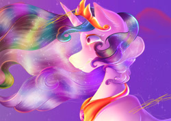 Size: 1063x752 | Tagged: safe, artist:wolfieswap, imported from derpibooru, princess celestia, alicorn, pony, cloud, crown, crying, ear fluff, ethereal mane, female, flowing mane, horn, jewelry, mare, peytral, pink eyes, regalia, sad, signature, sky, solo, starry mane, teary eyes