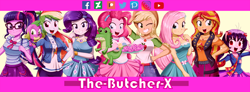 Size: 960x355 | Tagged: safe, artist:the-butch-x, imported from derpibooru, applejack, fluttershy, gummy, pinkie pie, rainbow dash, rarity, sci-twi, spike, spike the regular dog, sunset shimmer, twilight sparkle, oc, oc:cassey, alligator, dog, human, equestria girls, equestria girls series, applejack's hat, banner, belt, bowtie, bracelet, clothes, cookie, cowboy hat, cutie mark on clothes, denim skirt, deviantart, deviantart logo, facebook, female, food, geode of empathy, geode of fauna, geode of shielding, geode of sugar bombs, geode of super speed, geode of super strength, geode of telekinesis, glasses, grin, hat, hoodie, humane five, humane seven, humane six, instagram, jewelry, logo, looking at you, magical geodes, male, meta, necklace, old art, one eye closed, open mouth, open smile, patreon, patreon logo, pixiv, ponytail, rarity peplum dress, shorts, skirt, smiling, smiling at you, twitter, wink, winking at you, youtube