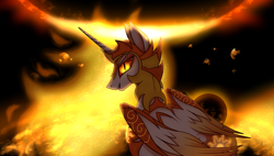 Size: 3700x2100 | Tagged: safe, artist:ladyluna2, imported from derpibooru, daybreaker, alicorn, pony, armor, crown, digital art, evil grin, feather, female, fire, flowing mane, folded wings, glowing, glowing eyes, grin, horn, jewelry, looking back, mane of fire, mare, regalia, smiling, solo, sun, tail, tail of fire, teeth, wing armor, wings, yellow eyes