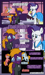Size: 1920x3168 | Tagged: safe, artist:alexdti, imported from derpibooru, rarity, oc, oc:aqua lux, oc:purple creativity, oc:warm focus, pegasus, pony, unicorn, comic:quest for friendship, ^^, bandage, clothes, comic, dialogue, dress, ears back, eyes closed, female, folded wings, glasses, high res, hoof hold, horn, looking away, mare, narrowed eyes, open mouth, open smile, pegasus oc, raised hoof, raised leg, shoulder angel, shoulder devil, smiling, speech bubble, wings