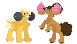 Size: 1280x732 | Tagged: safe, artist:itstechtock, imported from derpibooru, oc, oc only, oc:meadowlark, oc:sweet tooth, earth pony, pegasus, pony, cupcake, food, mouth hold, offspring, parent:bulk biceps, parent:cheese sandwich, parent:fluttershy, parent:pinkie pie, parents:cheesepie, parents:flutterbulk, simple background, transparent background, weight lifting, weights