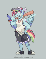Size: 625x800 | Tagged: safe, artist:chocodile, imported from derpibooru, part of a set, rainbow dash, anthro, plantigrade anthro, alternative cutie mark placement, baseball bat, breasts, butch, clothes, converse, female, gap teeth, gray background, grin, holding, jewelry, leg hair, necklace, shoes, short hair, shorts, shoulder cutie mark, simple background, smiling, solo, standing, tanktop, teeth, url, wings