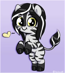 Size: 1314x1474 | Tagged: safe, artist:heretichesh, imported from derpibooru, oc, oc only, oc:ivana, zebra, bipedal, cute, female, filly, foal, freckles, gradient background, heart, looking at you, ocbetes, signature, smiling, smiling at you, solo, zebra oc