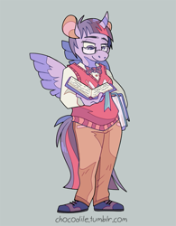 Size: 625x800 | Tagged: safe, artist:chocodile, imported from derpibooru, part of a set, twilight sparkle, alicorn, anthro, plantigrade anthro, book, bowtie, breasts, clothes, female, full body, glasses, gray background, holding, horn, looking down, pants, shirt, simple background, solo, standing, sweater vest, twilight sparkle (alicorn), url, vest, wings