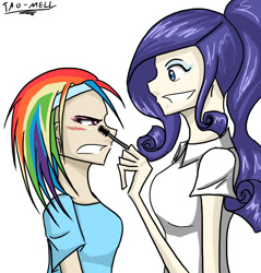 Size: 1304x1362 | Tagged: safe, artist:tao-mell, imported from derpibooru, rainbow dash, rarity, human, angry, duo, female, humanized, makeover, mascara, simple background, tomboy taming, white background