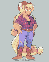 Size: 625x800 | Tagged: safe, artist:chocodile, imported from derpibooru, part of a set, applejack, anthro, earth pony, plantigrade anthro, belt, boots, breasts, cleavage, clothes, full body, gray background, hand on hip, hat, jeans, pants, shirt, shoes, simple background, smiling, solo, standing, straw in mouth