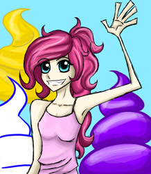 Size: 3050x3494 | Tagged: safe, artist:tao-mell, imported from derpibooru, pinkie pie, human, bare shoulders, clothes, female, humanized, sleeveless, smiling, solo, waving