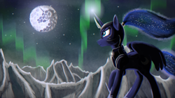 Size: 4000x2250 | Tagged: safe, artist:enteryourponyname, imported from derpibooru, princess luna, alicorn, pony, fall of the crystal empire, armor, ear fluff, ethereal mane, full moon, glowing, glowing horn, helmet, hoof shoes, horn, magic, mare in the moon, moon, mountain, night, snow, spread wings, starry mane, starry night, wings
