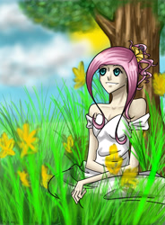 Size: 3162x4287 | Tagged: safe, artist:tao-mell, imported from derpibooru, fluttershy, human, clothes, commission, female, grass, humanized, solo, tree