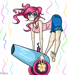 Size: 3426x3738 | Tagged: safe, artist:tao-mell, imported from derpibooru, pinkie pie, human, bare shoulders, barefoot, feet, female, grin, humanized, party cannon, simple background, sleeveless, smiling, solo, white background