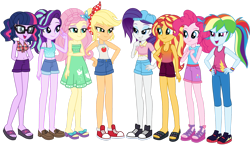 Size: 1920x1113 | Tagged: safe, artist:emeraldblast63, imported from derpibooru, applejack, fluttershy, pinkie pie, rainbow dash, rarity, sci-twi, starlight glimmer, sunset shimmer, twilight sparkle, human, equestria girls, bandana, bare shoulders, baseball cap, belly button, cap, clothes, converse, female, flip flops, hair accessory, hairband, hairclip, hat, humane five, humane seven, humane six, midriff, sandals, shoes, simple background, sleeveless, slippers, sneakers, stupid sexy applejack, stupid sexy fluttershy, stupid sexy pinkie, stupid sexy rainbow dash, stupid sexy rarity, stupid sexy sci-twi, stupid sexy starlight glimmer, stupid sexy sunset shimmer, stupid sexy twilight, transparent background