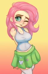 Size: 773x1200 | Tagged: safe, artist:inkypuso, imported from derpibooru, fluttershy, human, equestria girls, adorasexy, big breasts, blushing, blushing profusely, breasts, busty fluttershy, clothes, cute, female, gradient background, looking at you, miniskirt, one eye closed, sexy, shyabetes, skirt, solo, stockings, tanktop, thigh highs, wink, winking at you, zettai ryouiki