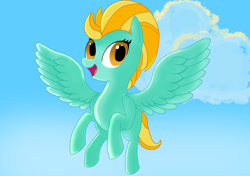 Size: 2048x1444 | Tagged: safe, artist:suryfromheaven, imported from derpibooru, lightning dust, pegasus, cute, female, flying, happy, mare, open mouth, open smile, simple background, sky, smiling, solo, spread wings, wings