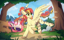 Size: 3132x1965 | Tagged: safe, artist:strafe blitz, imported from derpibooru, oc, oc only, pegasus, pony, book, braided tail, chest fluff, ear fluff, female, fence, house, levitation, magic, mare, mountain, scenery, slim, solo, spread wings, stripes, tail, telekinesis, thin, transformation, unshorn fetlocks, wings