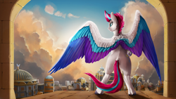 Size: 3840x2160 | Tagged: safe, artist:tenebrisnoctus, imported from derpibooru, zipp storm, pegasus, pony, butt, city, cloud, colored wings, dock, female, g5, large wings, looking away, mare, multicolored wings, plot, rear view, rearing, solo, spread wings, standing on two hooves, tail, underhoof, wings, zephyr heights