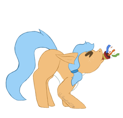 Size: 1280x1229 | Tagged: safe, artist:lil_vampirecj, imported from derpibooru, oc, oc only, oc:iva, earth pony, pony, blue mane, blue tail, commission, party popper, simple background, solo, tail, tan coat, transparent background, white belly, ych example, ych result, your character here