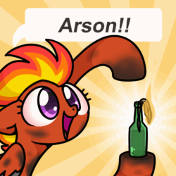 Size: 800x800 | Tagged: source needed, useless source url, safe, artist:sugar morning, imported from derpibooru, oc, oc only, oc:tinderbox, pegasus, pony, alcohol, animated, apoc, apoc touc, arson, ash, bloodshot eyes, bottle, bouncing, burnt, commission, cute, dialogue, dirty, ears back, exclamation point, eyelashes, female, fiery mane, fire, gif, glass, gray feathers, grey feathers, happy, looking up, magenta eyes, mare, mean mare, mohawk, molotov cocktail, open mouth, orange coat, orange fur, orange mane, pegasus oc, poggers, pointing, punk, pyro, pyromaniac, red mane, silly, simple background, smiling, some mares just want to watch the world burn, soot, sootsies, speech bubble, text, wings, ych animation, ych result, yellow mane, your character here