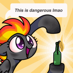 Size: 800x800 | Tagged: source needed, useless source url, safe, alternate version, artist:sugar morning, imported from derpibooru, oc, oc only, oc:tinderbox, pegasus, pony, alcohol, animated, apoc, apoc touc, arson, ash, black coat, bloodshot eyes, bottle, bouncing, burnt, commission, cute, dialogue, dirty, ears back, exclamation point, eyelashes, female, fiery mane, fire, gif, glass, gray coat, gray feathers, grey feathers, happy, looking up, magenta eyes, mare, mean mare, mohawk, molotov cocktail, open mouth, orange mane, pegasus oc, poggers, pointing, punk, pyro, pyromaniac, red mane, silly, simple background, smiling, some mares just want to watch the world burn, soot, sootsies, speech bubble, text, wings, ych animation, ych result, yellow mane, your character here